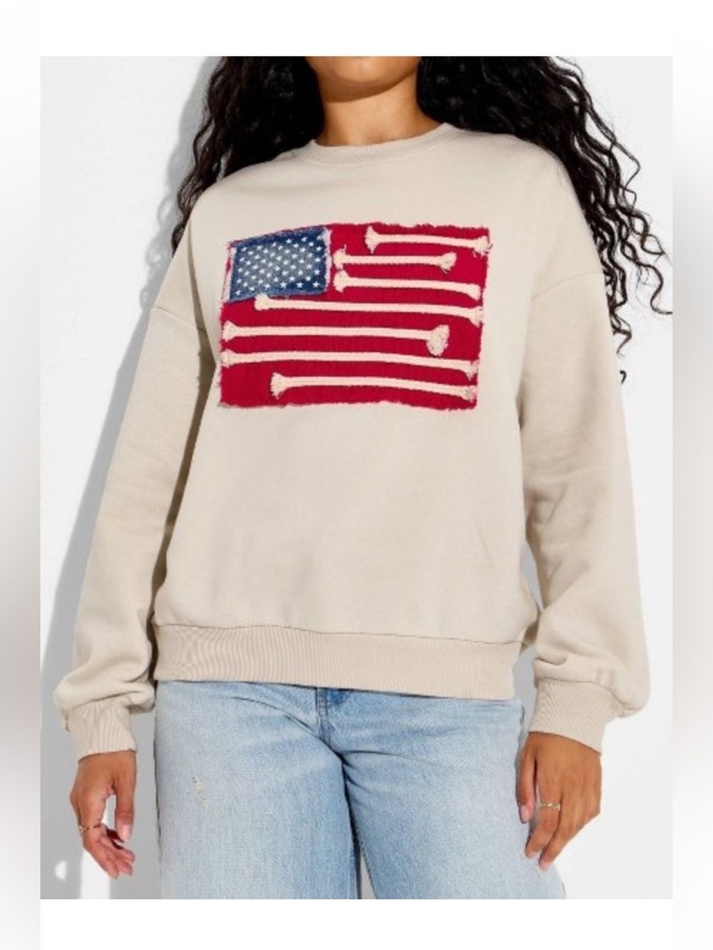 33 Degrees Americana Flag Patch Sweatshirt in Beige with Red & Blue Size XXL NEW